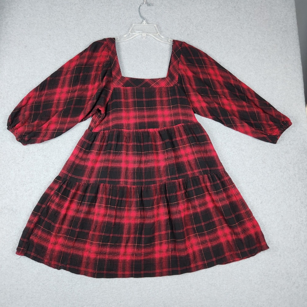 Maurices Babydoll Dress Womens XS Red Black Plaid Tiered Square Neck Long Sleeve